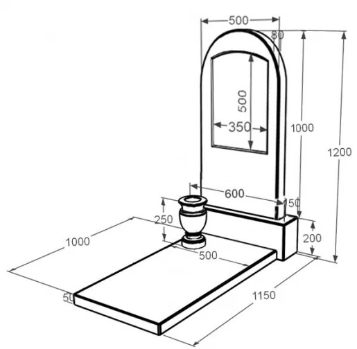 Розміри Пам'ятник із мармуру з полукруглою стелою одинарний з білого мармуру Волокас к7-vol-pf-100-50-08-006