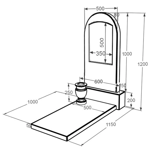 Розміри Пам'ятник із мармуру з полукруглою стелою одинарний з білого мармуру Волокас к7-vol-pf-100-50-08-006