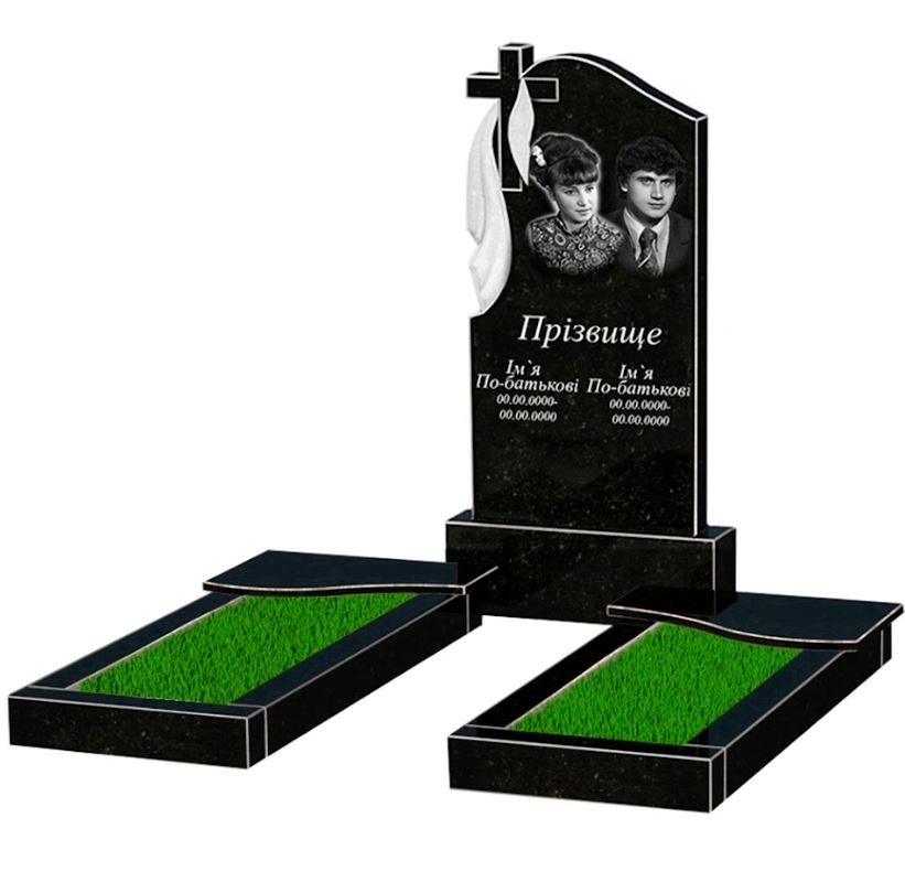 Основне Гранітний пам'ятник виробництво Україна подвійний із чорного граніту Коростишів з хвилею різьблений к15-kor-npf-100-50-08-142