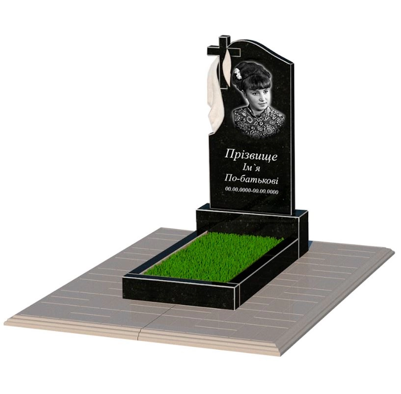 Основне Гранітний пам'ятник з хрестом різьблений одинарний із чорного граніту Коростишів з плащаницею різьблений к2-kor-npf-80-40-05-142-pbd1