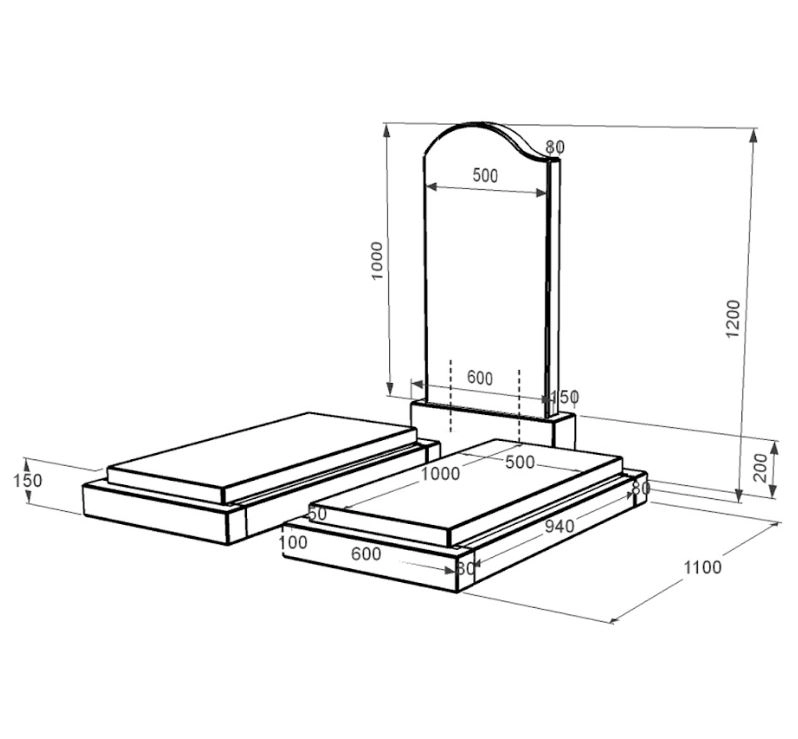 Розміри Гранітний пам'ятник на могилу чорного кольору подвійний із чорного граніту Коростишів з хвилею різьблений к21-kor-pf-100-50-08-011-l
