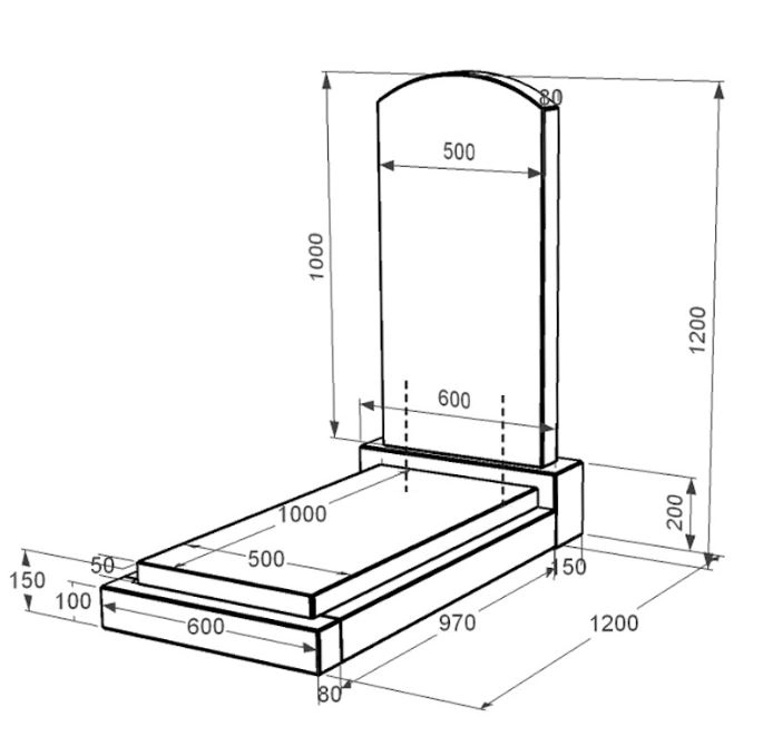 Розміри Гранітний пам'ятник з гробницею одинарний із чорного граніту Коростишів з дугою різьблений к12-kor-npf-100-50-08-009