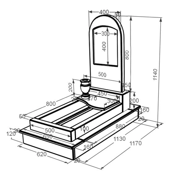 Розміри Мармуровий пам'ятник з квітником одинарний з білого мармуру Волокас з хвилею різьблений з полукруглою стелою к5-vol-pf-80-40-05-006-ck