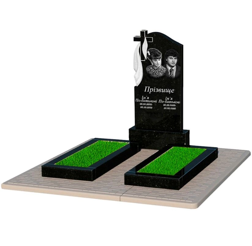 Основне Пам'ятник на могилу із граніту з хрестом різьблена робота подвійний із чорного граніту Коростишів к14-kor-pf-100-50-08-142-pbd2