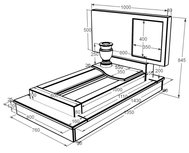 Розміри Пам'ятник із мармуру на кладовище одинарний з білого мармуру Волокас з хвилею різьблений к5-vol-pf-50-100-08-001-ck