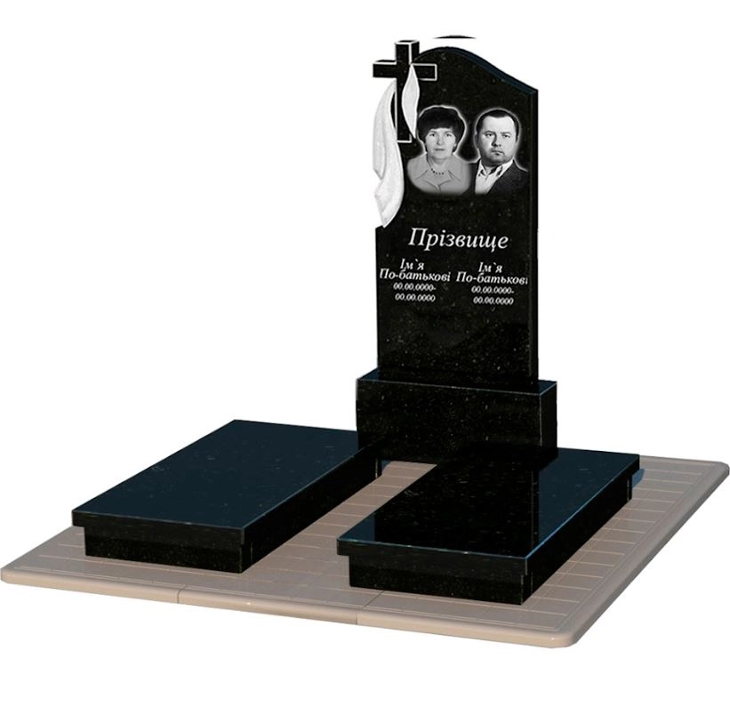 Основне Гранітний пам'ятник поліровані фаски подвійний із чорного граніту Коростишів з хрестом та плащаницею різьблений к19-kor-pf-120-60-08-142-pbd3