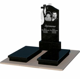 Гранітний пам'ятник поліровані фаски подвійний із чорного граніту Коростишів з хрестом та плащаницею різьблений к19-kor-pf-120-60-08-142-pbd3