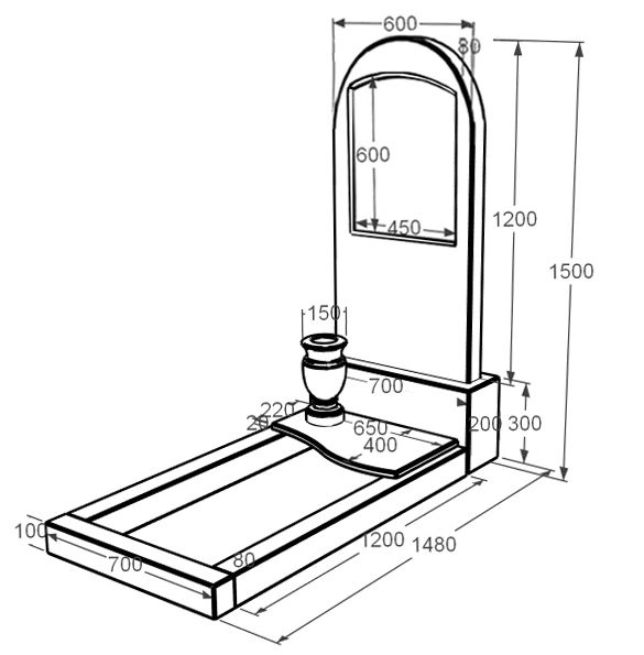 Розміри Мармуровий пам'ятник елітний одинарний з білого мармуру Волокас з полукруглою стелою к5-vol-pf-120-60-08-006