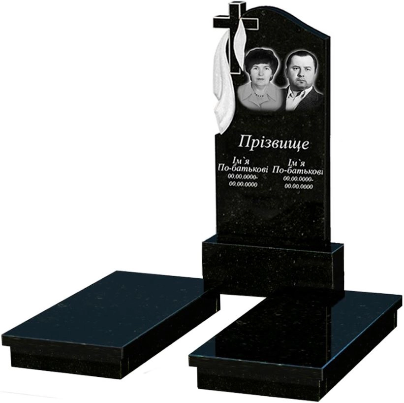 Основне Гранітний пам'ятник з плащаницею та крестом різьбленої форми подвійний із чорного граніту Коростишів к19-kor-pf-120-60-08-142