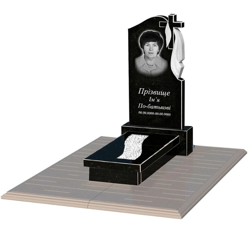 Основне Гранітний пам'ятник з вирізаною смугою одинарний із чорного граніту Коростишів з хрестом та плащаницею різьблений к23-kor-npf-80-40-08-142-r-pbd1