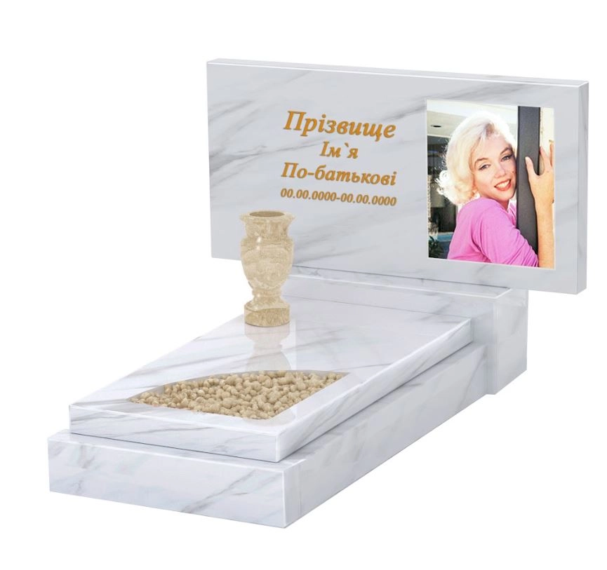 Основне Мармуровий пам'ятник жіночий одинарний з білого мармуру Волокас з вирізаним куточком к24-vol-pf-40-80-05-001