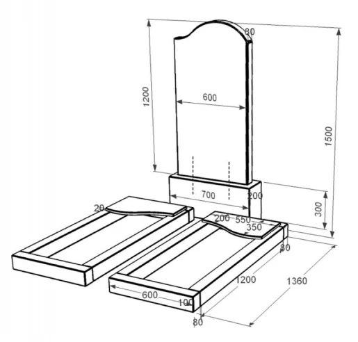 Размеры Памятник из гранита семейный двойной из черного гранита Коростышев с волной резной к16-kor-pf-120-60-08-011-r