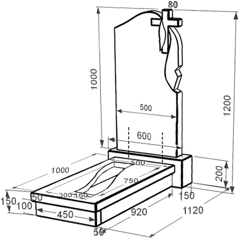 Розміри Надгробний пам'ятник із граніту габро одинарний із чорного граніту Коростишів з хрестом та плащаницею різьблений к23-kor-pf-100-50-08-142-r