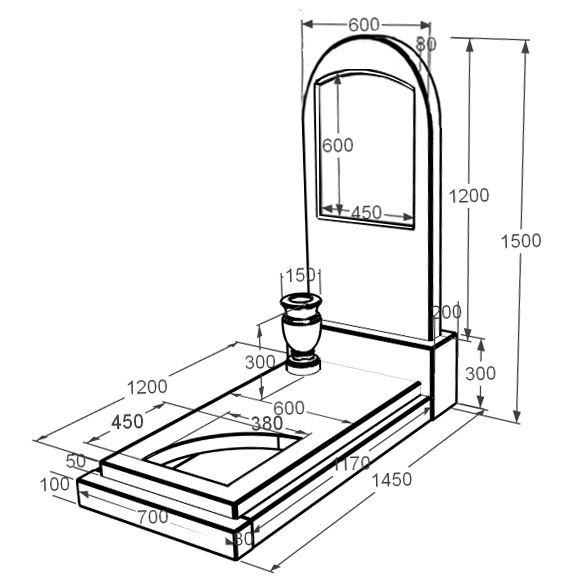 Розміри Мармуровий пам'ятник напівкруглий одинарний з білого мармуру Волокас з вирізаним куточком к24-vol-pf-120-60-08-006
