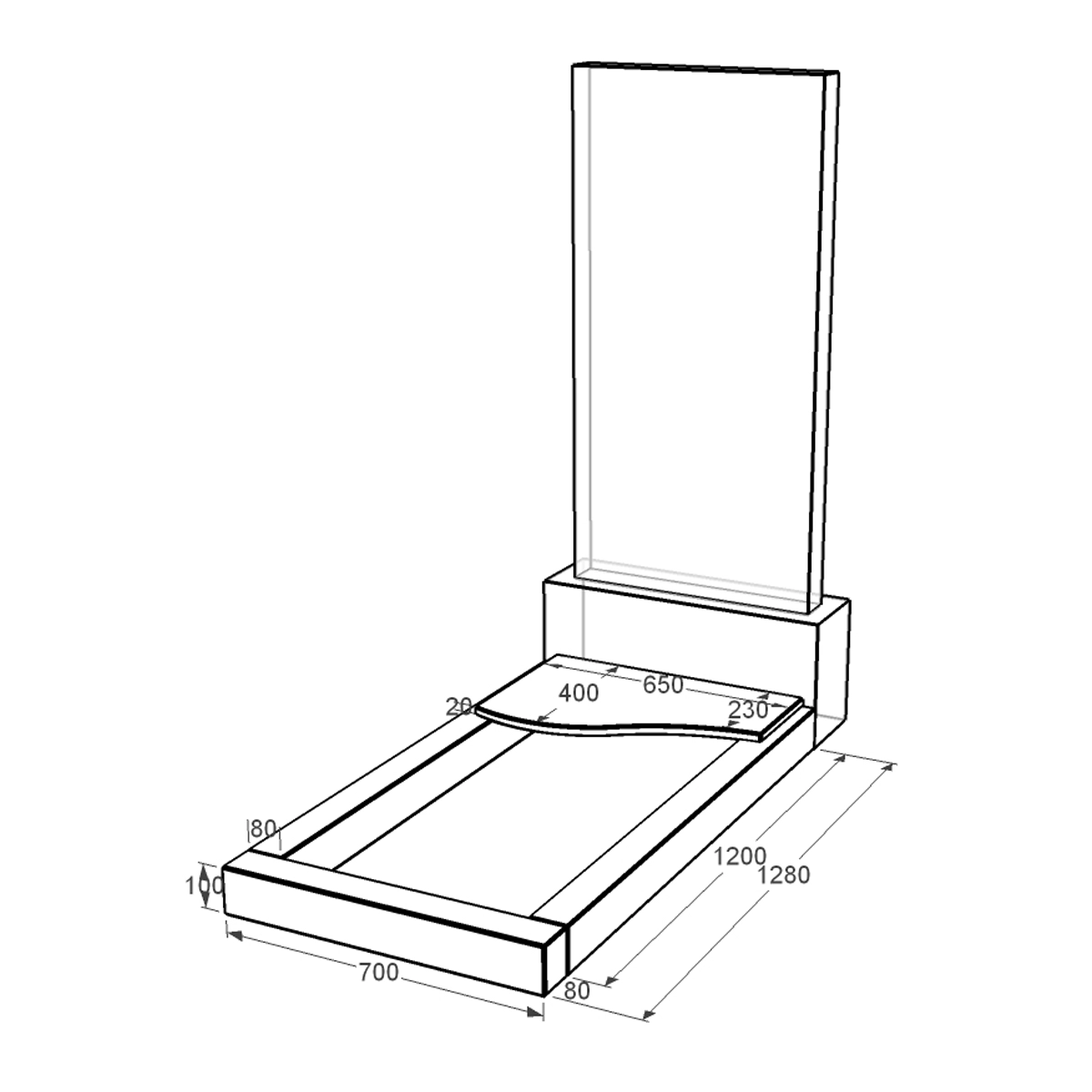 Размеры Цветник на кладбище широкий 1280x700x100 из гранита серия Базис с неполированными фасками Коростышевского карьера cv-kor-npf-1280-700-3-volna-1-st