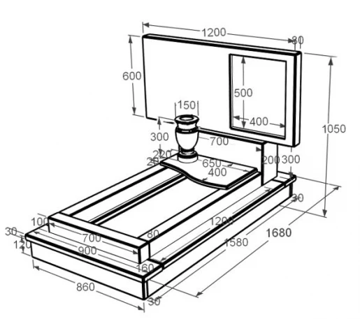 Размеры Мраморный памятник высотой 90 см одинарный из мрамора Дайна с волной резной к5-dan-pf-60-120-08-001-ck
