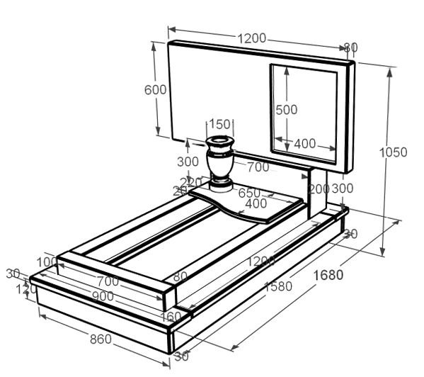 Розміри Мармуровий пам'ятник висотою 90 см одинарний з мармуру Дайна з хвилею різьблений к5-dan-pf-60-120-08-001-ck