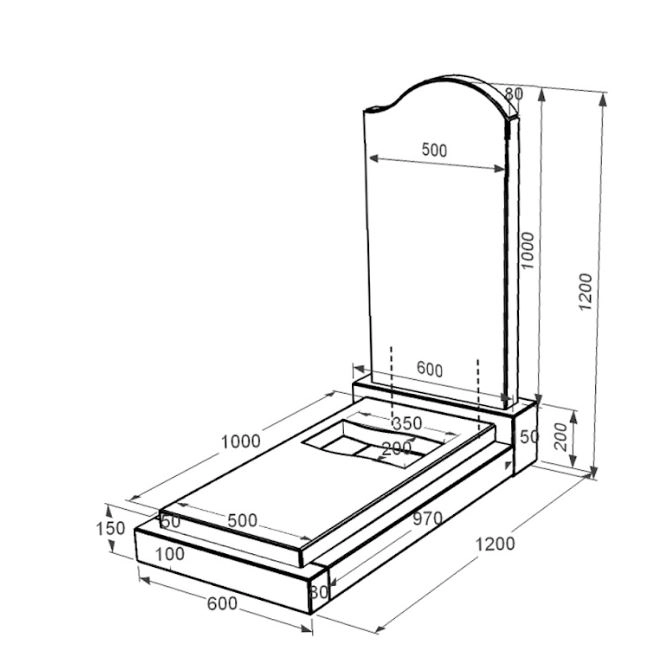 Розміри Гранітний пам'ятник на кладовище чорного кольору одинарний із чорного граніту Коростишів з хвилею різьблений к6-kor-npf-100-50-08-011-r
