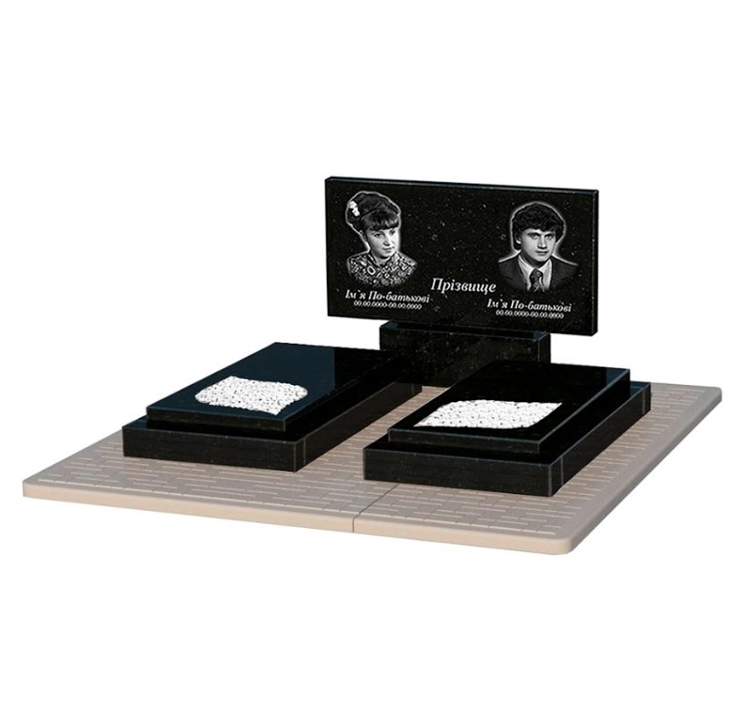 Основне Гранітний камінь на могилу середнього розміру подвійний із чорного граніту Коростишів з листом різьблена робота к22-kor-pf-50-100-08-001-pbd2