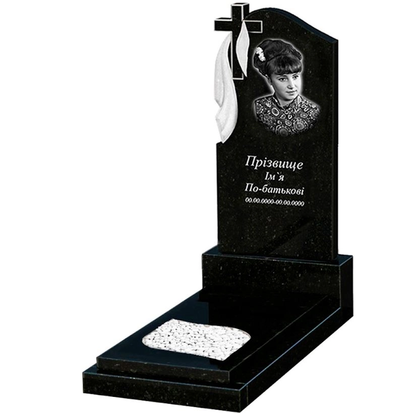 Основне Гранітний надгробок на могилу для доньки одинарний із чорного граніту Коростишів з листом різьблена робота к13-kor-pf-120-60-08-142