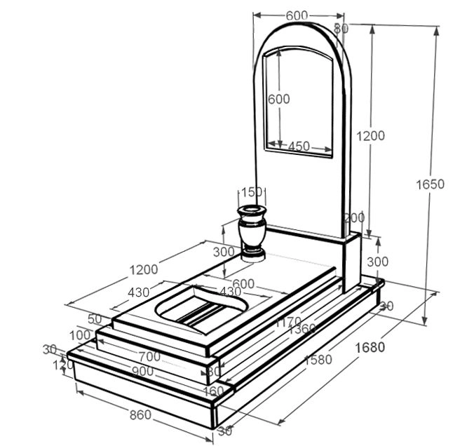 Розміри Мармуровий пам'ятник з полукруглою стелою з мармуру Дайна з вирізаним куточком к24-dan-pf-120-60-08-006-ck