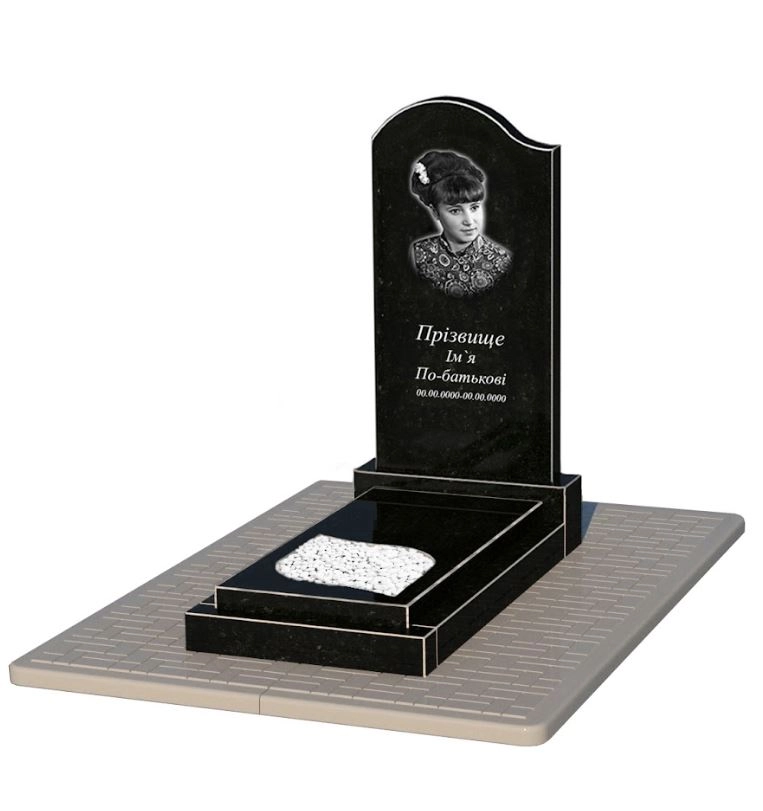 Основне Гранітний пам'ятник з декоруванням білою галькою одинарний із чорного граніту Коростишів з хвилею різьблений к13-kor-npf-100-50-08-011-l-pbd2