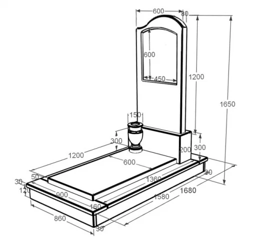 Розміри Фігурний мармуровий пам'ятник одинарний з білого мармуру Волокас К7-vol-pf-120-60-08-011-r-ck