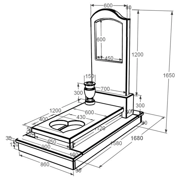 Розміри Пам'ятник із мармуру стела 120х60 см одинарний з білого мармуру Волокас з серцем різьблена робота к11-vol-pf-120-60-08-011-l-ck