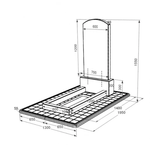 Размеры Гранитное надгробие с цветником без плиты одинарное с дугой резное из черного гранита Коростышев Дуга 009 к1-kor-pf-120-60-08-009-pbd3