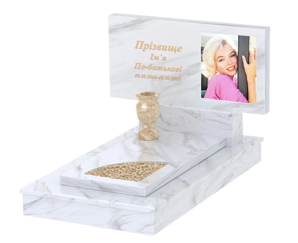 Основное Мраморный памятник женский одинарный из белого мрамора Волокас с вырезанным уголком к9-vol-pf-50-100-08-001-ck