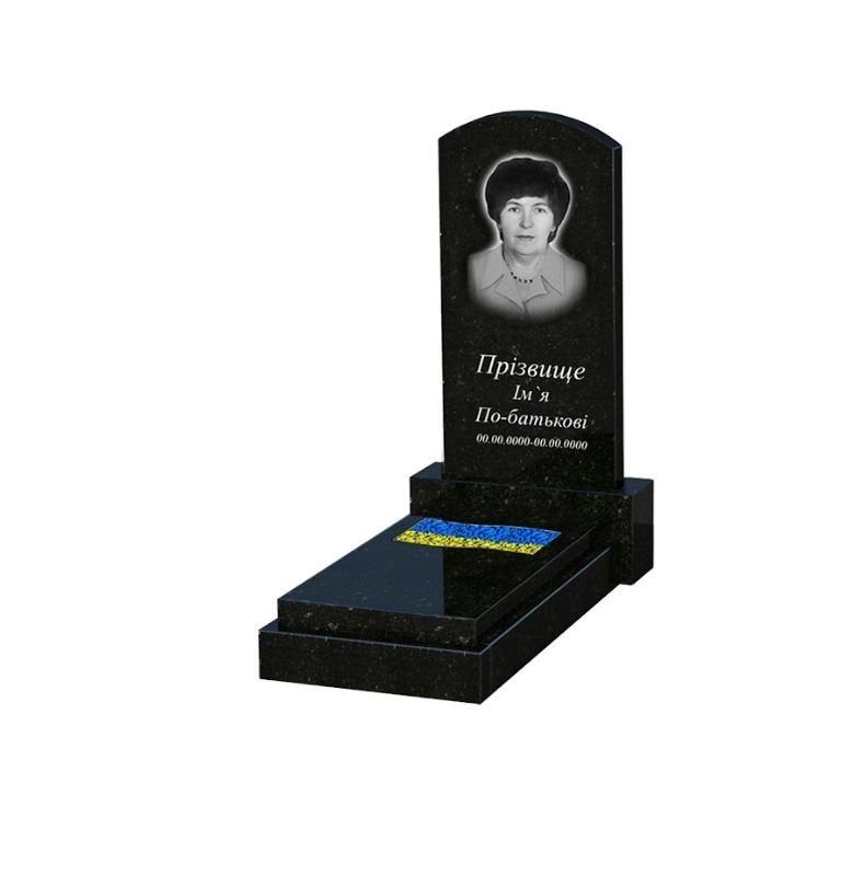 Основне Гранітна плита на могилу з гробницею одинарна із чорного граніту Коростишів з вирізаним прапором к6-kor-pf-80-40-08-009