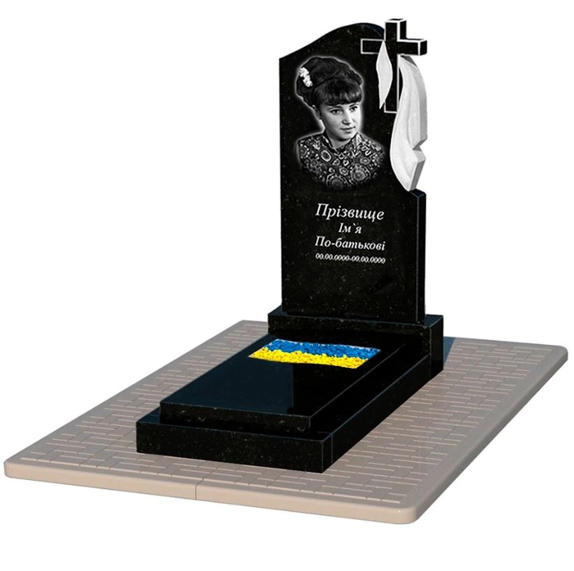 Основне Гранітна плита на могилу з вирізаним прапором одинарний із чорного граніту Коростишів к6-kor-pf-100-50-08-142-r-pbd2