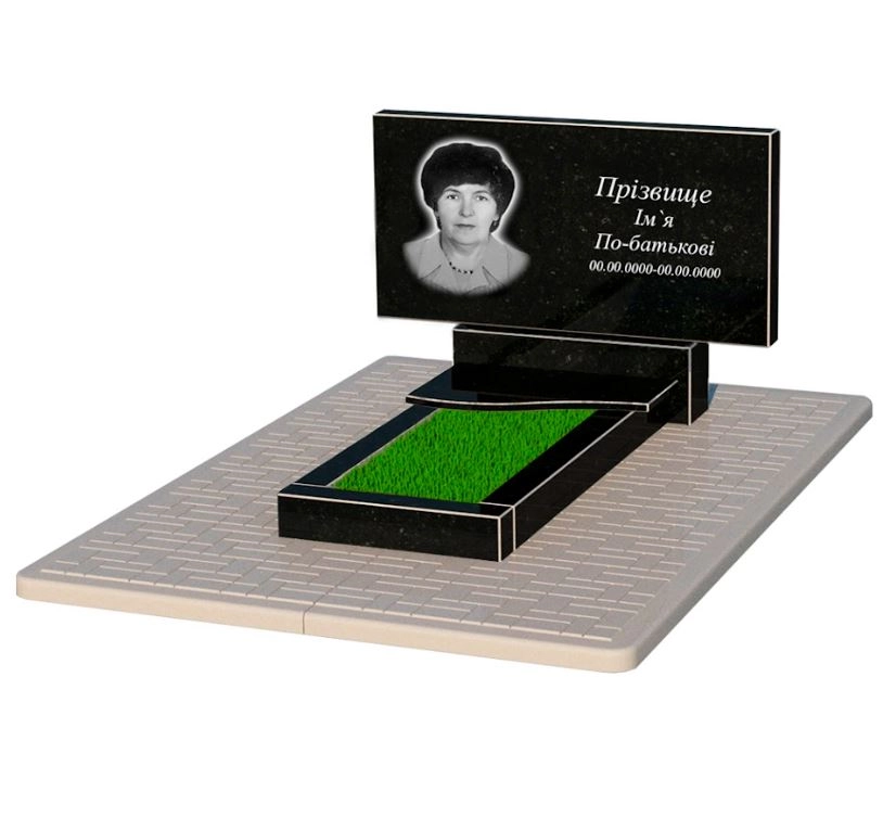 Основне Гранітний пам'ятник з квітником одинарний із чорного граніту Коростишів з хвилею різьблений к3-kor-npf-50-100-08-001-pbd2