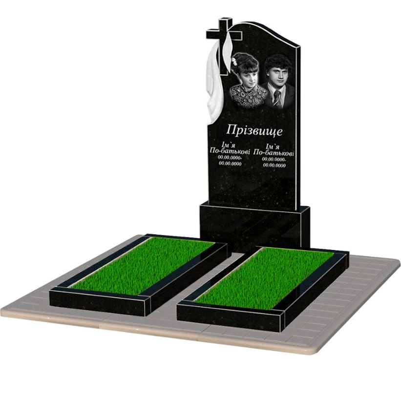 Основне Гранітний пам'ятник сімейний подвійний із чорного граніту Коростишів з хрестом та плащаницею різьблений к14-kor-npf-120-60-08-142-pbd3
