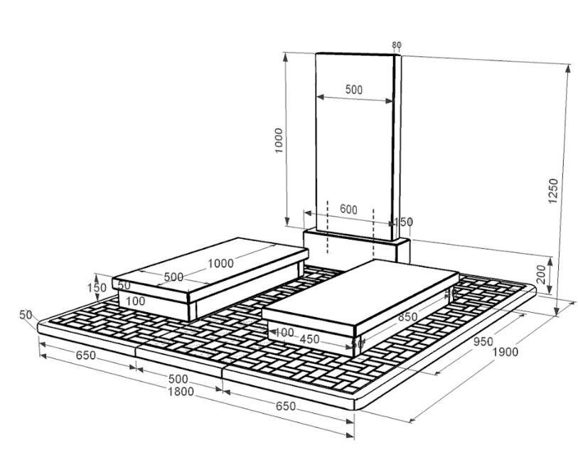 Розміри Гранітний пам'ятник простий без різьблених робіт подвійний із чорного граніту Коростишів к19-kor-pf-100-50-08-001-pbd2