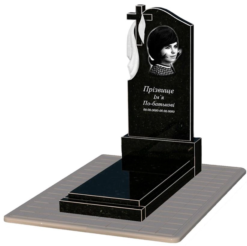 Основное Гранитный памятник с гробницей одинарный из черного гранита Коростышев с крестом и плащаницей резной к12-kor-npf-120-60-08-142-pbd3
