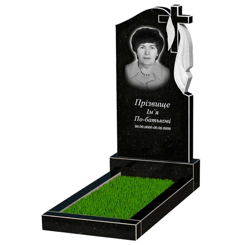Основное Каменное надгробие из гранита с крестом резная работа одинарный из черного гранита Коростышев к2-kor-npf-100-50-08-142-r