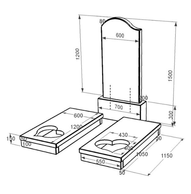 Розміри Гранітний пам'ятник з серцем та хвилею різьблена робота подвійний із чорного граніту Коростишів к20-kor-npf-120-60-08-011