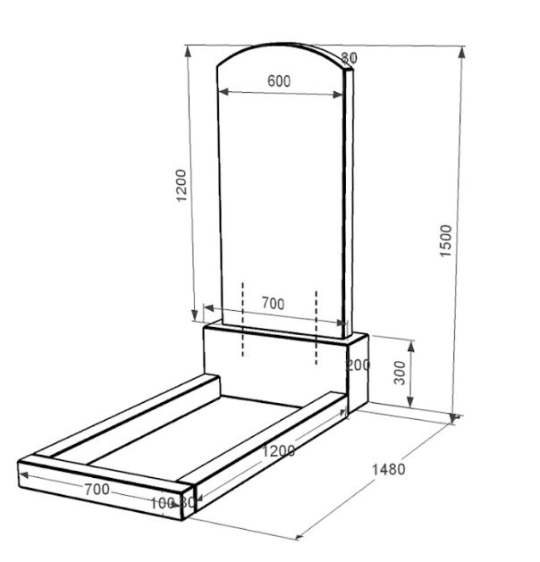 Розміри Гранітний пам'ятник на кладовище з квітником без плити одинарний із чорного граніту Коростишів з дугою різьблений к2-kor-npf-120-60-08-009
