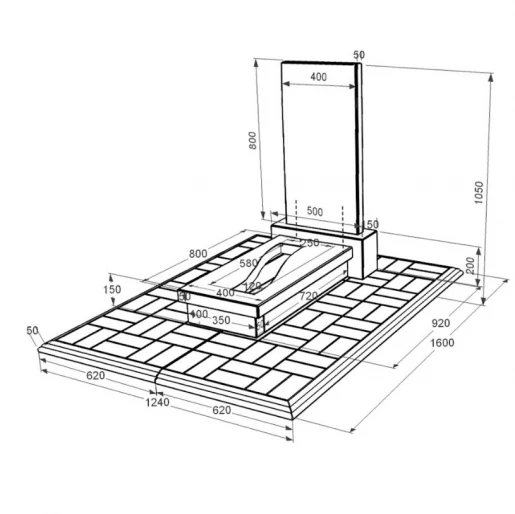 Размеры Гранитная плита на могилу с вырезанной полосой одинарная из черного гранита Коростышев к23-kor-npf-80-40-08-001-pbd1