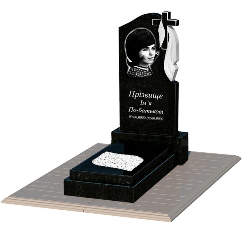 Основне Пам'ятник із граніту з протиусадковою плитою одинарний із чорного граніту Коростишів з листом різьблена робота к13-kor-pf-80-40-05-142-r-pbd1