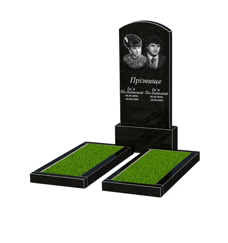 Основне Гранітний пам'ятник на кладовище з квітником подвійний із чорного граніту Коростишів з дугою різьблений к14-kor-npf-120-60-08-009