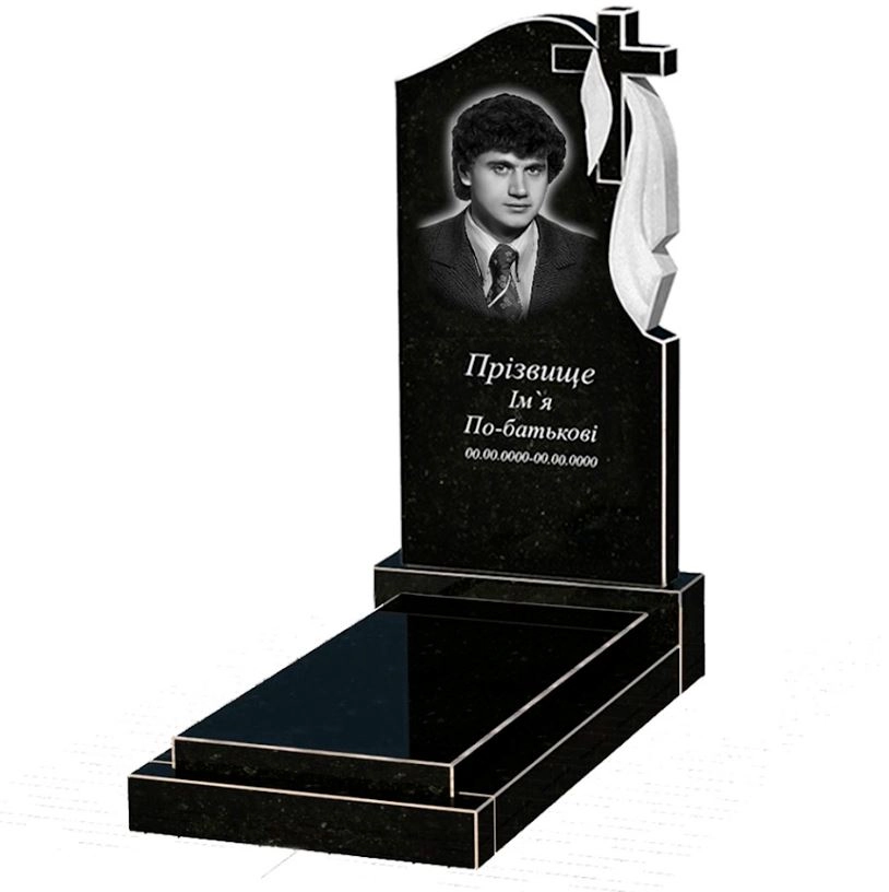 Основне Гранітний пам'ятник висотою 120 см одинарний із чорного граніту Коростишів з хрестом та плащаницею різьблений к12-kor-npf-100-50-08-142-r