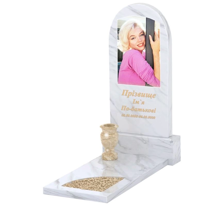 Основне Мармуровий пам'ятник для доньки одинарний з білого мармуру Волокас з вирізаним куточком з полукруглою стелою к9-vol-pf-100-50-08-006