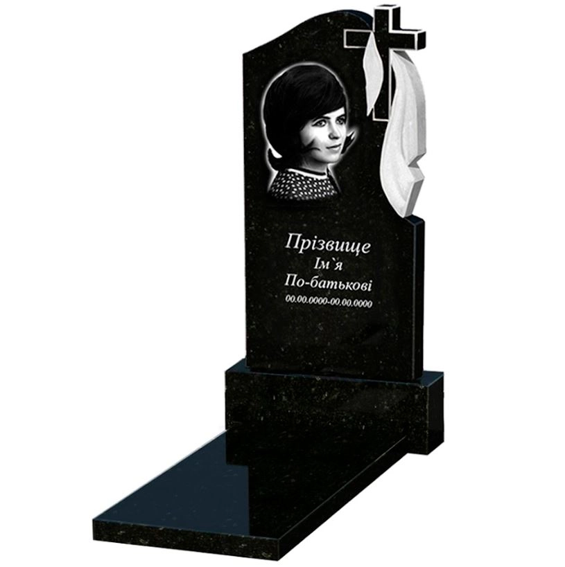 Основне Гранітний пам'ятник для доньки одинарний із чорного граніту Коростишів з хрестом та плащаницею різьблений к7-kor-pf-100-50-08-142-r