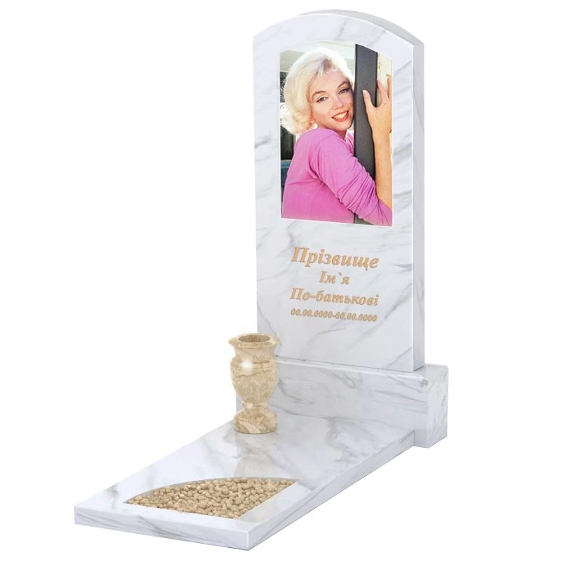 Основне Мармуровий пам'ятник з надгробною плитою одинарний з білого мармуру Волокас з вирізаним куточком к9-vol-pf-100-50-08-009