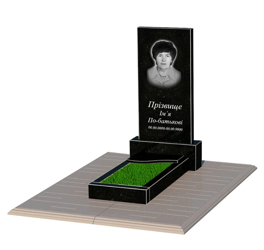 Основне Гранітний пам'ятник на кладовище з квітником одинарний із чорного граніту Коростишів з хвилею різьблений к4-kor-npf-80-40-05-001-l-pbd1