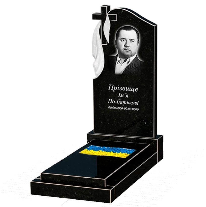 Основное Гранитный памятник с вырезанным флагом одинарный из черного гранита Коростышев к6-kor-npf-100-50-08-142