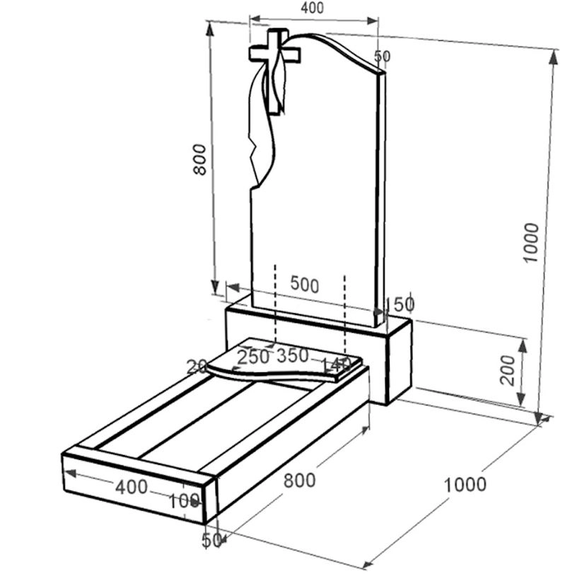 Розміри Надгробний пам'ятник із граніту стела 80x40 см одинарний із чорного граніту Коростишів з хвилею різьблений к4-kor-npf-80-40-05-142-l