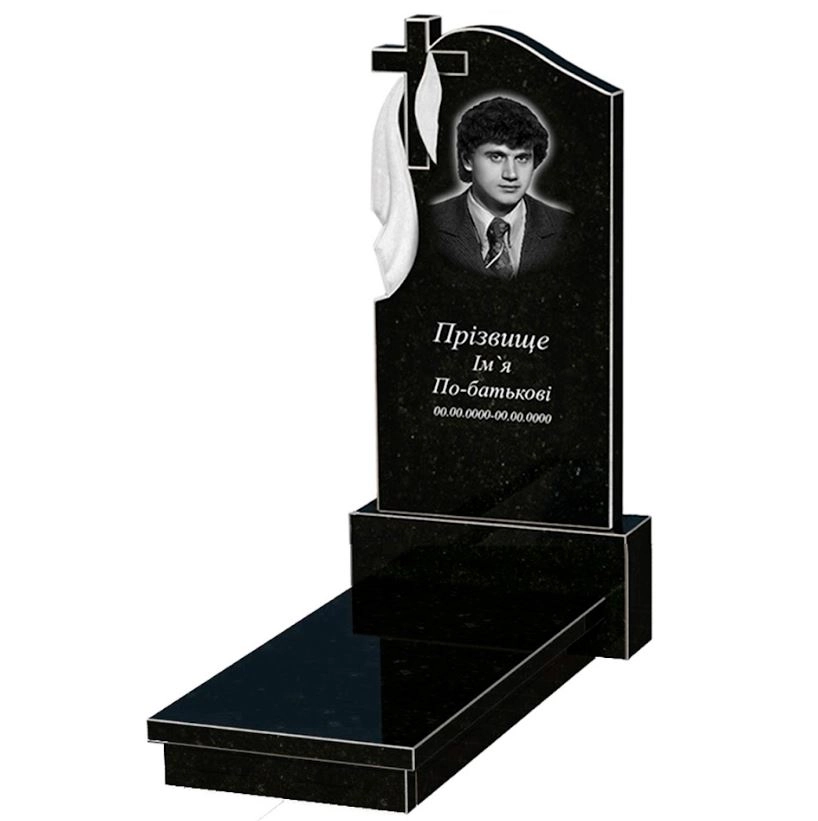 Основное Ритуальный памятник из гранита с плащаницей и крестом резной одинарный из черного гранита Коростышев к10-kor-npf-120-60-08-142